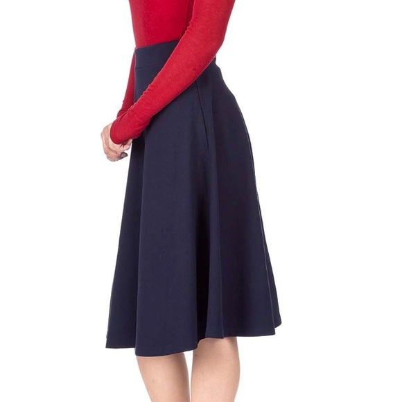 NWT - Women's High Waist A-Line Flared Skater Midi Skirt - Navy - Picture 2 of 4